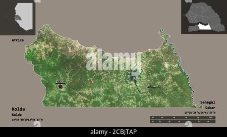Forma di Kolda, regione del Senegal, e la sua capitale. Scala della distanza, anteprime ed etichette. Immagini satellitari. Rendering 3D Foto Stock