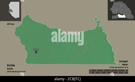 Forma di Kolda, regione del Senegal, e la sua capitale. Scala della distanza, anteprime ed etichette. Mappa di rilievo topografico. Rendering 3D Foto Stock