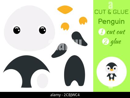 Tagliare e incollare pinguino bambino. Foglio di lavoro per lo sviluppo dell'istruzione. Gioco di carta a colori per bambini in età prescolare. Tagliare le parti dell'immagine e incollare sulla carta. Illustrazione Vettoriale