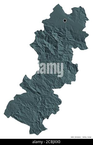 Forma di Raški, distretto della Serbia, con la sua capitale isolata su sfondo bianco. Mappa di elevazione colorata. Rendering 3D Foto Stock