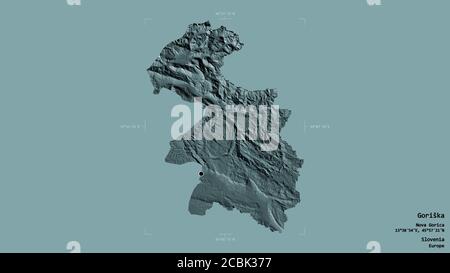 Area di Goriška, regione statistica della Slovenia, isolata su fondo solido in un rettangolo di selezione georeferenziato. Etichette. Mappa di elevazione colorata. 3D ren Foto Stock