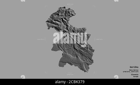 Area di Goriška, regione statistica della Slovenia, isolata su fondo solido in un rettangolo di selezione georeferenziato. Etichette. Mappa elevazione bilivello. 3D ren Foto Stock