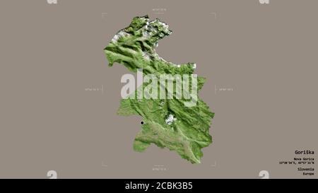 Area di Goriška, regione statistica della Slovenia, isolata su fondo solido in un rettangolo di selezione georeferenziato. Etichette. Immagini satellitari. Rendering 3D Foto Stock