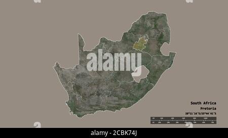 Forma desaturata del Sud Africa con la sua capitale, la principale divisione regionale e l'area separata di Gauteng. Etichette. Immagini satellitari. Rendering 3D Foto Stock