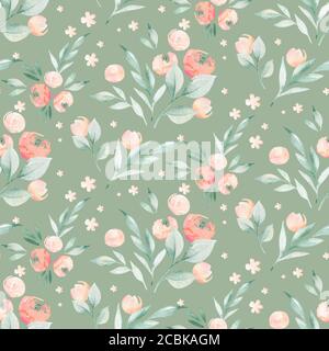 Motivo botanico floreale acquerello e sfondo senza cuciture. Ideale per la stampa di tessuti e carta o scrapbooking. Dipinto a mano. Illustrazione raster. Foto Stock