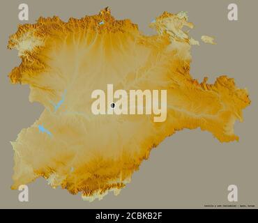 Forma di Castilla y León, comunità autonoma della Spagna, con la sua capitale isolata su uno sfondo di colore pieno. Mappa di rilievo topografico. Rendering 3D Foto Stock