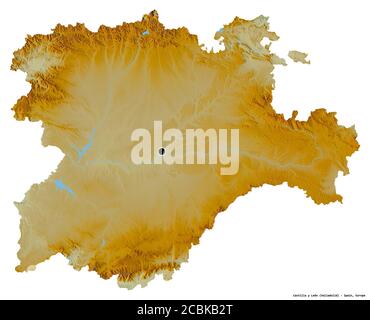 Forma di Castilla y León, comunità autonoma della Spagna, con la sua capitale isolata su sfondo bianco. Mappa di rilievo topografico. Rendering 3D Foto Stock