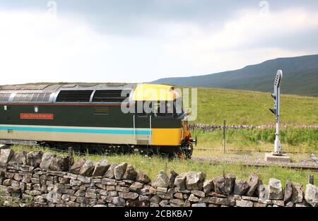 Diesel di classe 47 a capo dello staycation Express treno turistico che passa Blea Moor, North Yorkshire, in liquidazione per la linea ferroviaria di Carlisle il 12 agosto 2020 Foto Stock