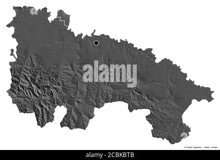 Forma di la Rioja, comunità autonoma della Spagna, con la sua capitale isolata su sfondo bianco. Mappa elevazione bilivello. Rendering 3D Foto Stock