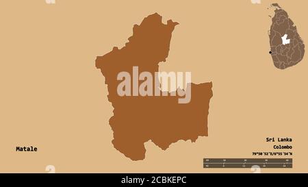 Forma di Matale, distretto dello Sri Lanka, con la sua capitale isolata su solido sfondo. Scala della distanza, anteprima della regione ed etichette. Composizione del latte Foto Stock