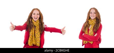 La ragazza sorridente carina in giacca rossa e jeans isolato su bianco Foto Stock