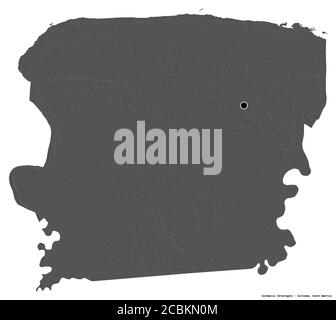 Forma di Saramacca, distretto del Suriname, con la sua capitale isolata su sfondo bianco. Mappa elevazione bilivello. Rendering 3D Foto Stock