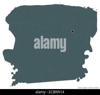 Forma di Saramacca, distretto del Suriname, con la sua capitale isolata su sfondo bianco. Mappa di elevazione colorata. Rendering 3D Foto Stock