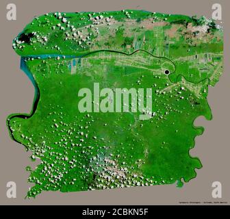 Forma di Saramacca, distretto del Suriname, con la sua capitale isolata su uno sfondo di colore pieno. Immagini satellitari. Rendering 3D Foto Stock
