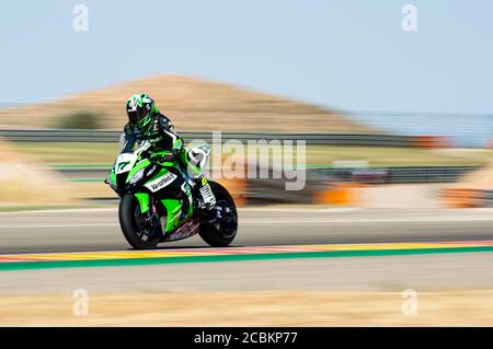 14 agosto 2020; Ciudad del Motor de Aragon, Alcaniz, Spagna; WorldSBK, Aragon World Super Bike Test; Maximilian Scheib dell'Orelac Racing Verdnatura in azione con la Kawasaki ZX 10RR Foto Stock