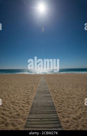 Prospettiva ridotta di passerella in legno sulla spiaggia, Comporta, Setubal, Portogallo Foto Stock