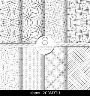 Serie di pattern vettoriali senza giunture. Texture geometriche moderne ed eleganti con piccoli punti. Ornamenti geometrici infinitamente ripetitivi con forme punteggiate: Zig Illustrazione Vettoriale