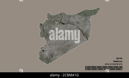 Forma desaturata della Siria con la sua capitale, la principale divisione regionale e l'area separata di Damasco. Etichette. Immagini satellitari. Rendering 3D Foto Stock