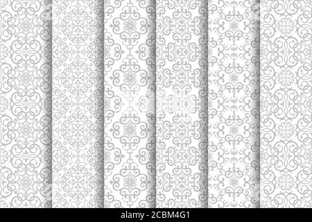 Set di 6 pattern vettoriali senza giunture. Eleganti e lussuose texture di stile barocco. Sfondi senza giunture astratti che si ripetono regolarmente. Può essere utilizzato come backgrou Illustrazione Vettoriale