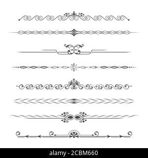 Insieme di elementi calligrafici monocromatici di progettazione. Implementazione della pagina. Assegnazione del testo in stile vintage. Partizioni tipografiche, je Illustrazione Vettoriale