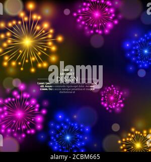 I lucenti fuochi d'artificio multicolore. Design luminoso astratto su uno sfondo scuro con elementi a lato. Un'illustrazione vettoriale con la posizione per t Illustrazione Vettoriale