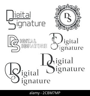 Set di loghi testo Firma digitale.lettere DS. Monogramma. Servizio business. Testo monocromatico. Illustrazione vettoriale. Illustrazione Vettoriale