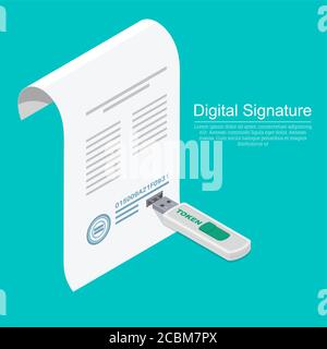 Memory stick USB e un documento con connettore.concetto della firma digitale.l'azienda per il servizio clienti.isometry.3D. Un'illustrazione vettoriale Illustrazione Vettoriale