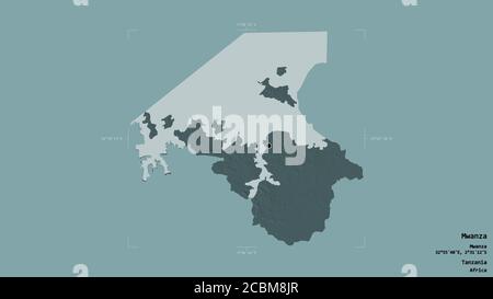 Area di Mwanza, regione della Tanzania, isolata su uno sfondo solido in un rettangolo di selezione georeferenziato. Etichette. Mappa di elevazione colorata. Rendering 3D Foto Stock