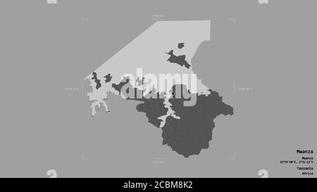 Area di Mwanza, regione della Tanzania, isolata su uno sfondo solido in un rettangolo di selezione georeferenziato. Etichette. Mappa elevazione bilivello. Rendering 3D Foto Stock