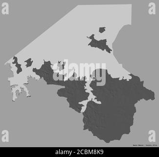 Forma di Mwanza, regione della Tanzania, con la sua capitale isolata su uno sfondo a tinta unita. Mappa elevazione bilivello. Rendering 3D Foto Stock