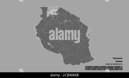 Forma desaturata della Tanzania con la sua capitale, la principale divisione regionale e l'area separata di Mwanza. Etichette. Mappa elevazione bilivello. Rendering 3D Foto Stock