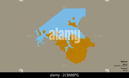 Area di Mwanza, regione della Tanzania, isolata su uno sfondo solido in un rettangolo di selezione georeferenziato. Etichette. Mappa di rilievo topografico. Rendering 3D Foto Stock