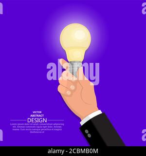 La mano dell'uomo d'affari tiene la lampadina brillante. Concetto dell'idea e dell'innovazione. Illustrazione vettoriale in stile piatto. Illustrazione Vettoriale