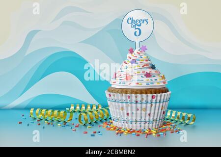 Rendering 3D di un cucpake di compleanno su sfondo blu Foto Stock