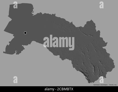 Forma di Chachoengsao, provincia della Thailandia, con la sua capitale isolata su uno sfondo di colore pieno. Mappa elevazione bilivello. Rendering 3D Foto Stock