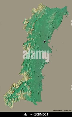 Forma di Chumphon, provincia della Thailandia, con la sua capitale isolata su uno sfondo di colore pieno. Mappa di rilievo topografico. Rendering 3D Foto Stock