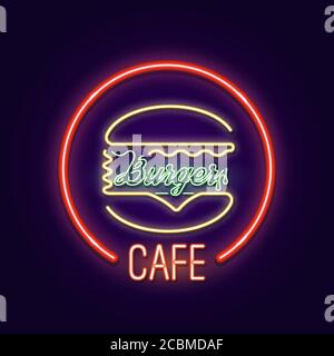 Caffè. Hamburger. Fast food. Il luminoso simbolo al neon in stile retrò. Affissioni. Il banner di masterizzazione. Illustrazione vettoriale. Illustrazione Vettoriale