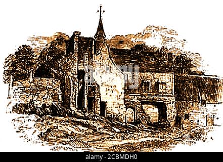 Battaglia di Waterloo - rovine di Hougoumont - Château d'Hougoumont (originariamente Goumont, costruito per ordine di San Giovanni di Gerusalemme (i Cavalieri di Malta - Crociati) è un complesso agricolo murato vicino alla strada Nivelles nel comune di Braine-l'Alleud, vicino Waterloo, Belgio. Servì come una delle principali posizioni di difesa per gli eserciti britannici e alleati per il Duca di Wellington, quando si affrontò l'Esercito di Napoleone durante la Battaglia di Waterloo il 18 giugno 1815. L'edificio in rovina mostrato nella vecchia incisione che era all'epicentro della battaglia è stato ora restaurato Foto Stock