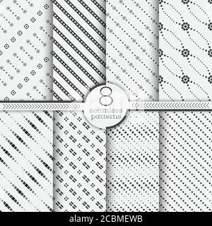 Serie di pattern vettoriali senza giunture. Texture geometriche diagonali moderne ed eleganti. Ornamenti geometrici infinitamente ripetitivi con tratteggio, rombo, striato Illustrazione Vettoriale