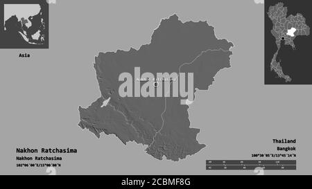 Forma di Nakhon Ratchasima, provincia della Thailandia, e la sua capitale. Scala della distanza, anteprime ed etichette. Mappa elevazione bilivello. Rendering 3D Foto Stock