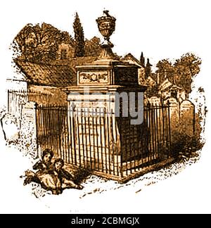 William Hogarth - la sua tomba nel cimitero di Chiswick (San Nicola) come era nel 1852. Hogarth morì il 25 ottobre 1764, all'età di 66 anni, e fu restaurata nel 2010 e comprende una targa con un epitaffio a Hogarth composto dal suo amico David Garrick. Hogarth era un artista, incisore, cartoonista e stampatore molto apprezzato per le sue opere satiriche. Era patrono di molte associazioni di beneficenza e lui e sua moglie hanno favorito i bambini fondanti, essendo patroni del Foundling Hospital di Londra. La coppia non aveva figli propri. Foto Stock