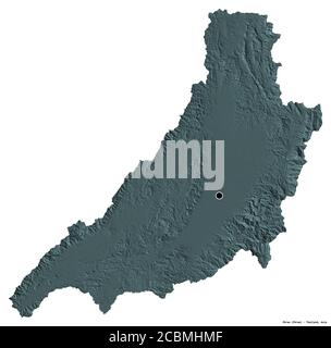 Forma di Phrae, provincia della Thailandia, con la sua capitale isolata su sfondo bianco. Mappa di elevazione colorata. Rendering 3D Foto Stock