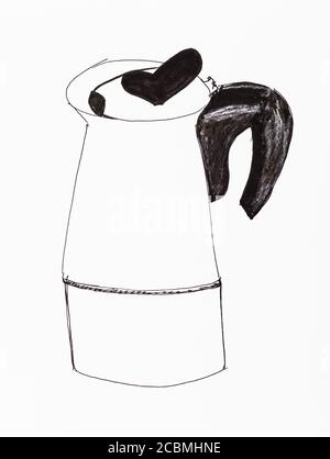 macchina per caffè geyser moka pot disegnata a mano da penna nera su white paper Foto Stock