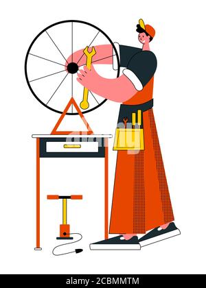 Riparazione biciclette. Illustrazione vettoriale di stile piatto. Illustrazione Vettoriale