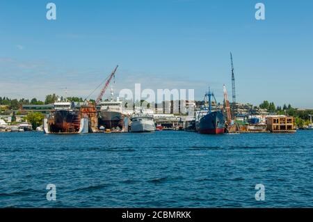 Vista delle banchine secche sul lago Union a Seattle, Washington state, USA. Foto Stock