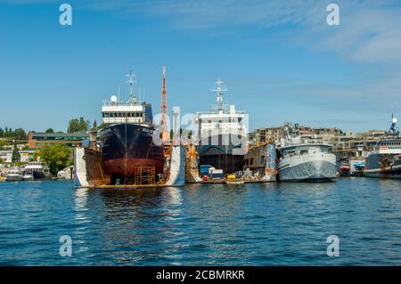 Vista delle banchine secche sul lago Union a Seattle, Washington state, USA. Foto Stock