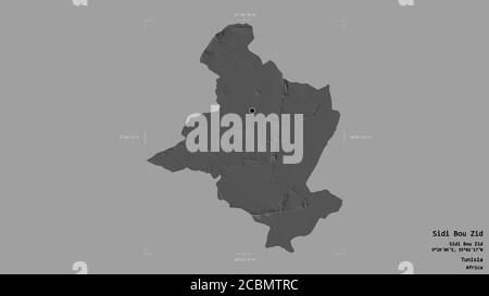 Area di Sidi Bou Zid, governatorato della Tunisia, isolato su uno sfondo solido in una scatola di delimitazione georeferenziata. Etichette. Mappa elevazione bilivello. Rendering 3D Foto Stock