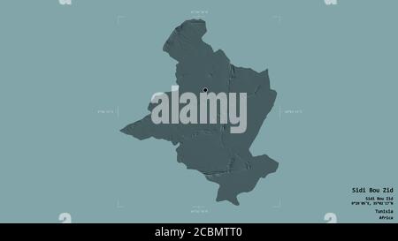 Area di Sidi Bou Zid, governatorato della Tunisia, isolato su uno sfondo solido in una scatola di delimitazione georeferenziata. Etichette. Mappa di elevazione colorata. Rendering 3D Foto Stock