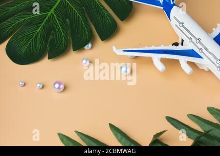 Sfondo piatto da viaggio con spazio per la copia. Concetto di design turistico. Vista dall'alto Foto Stock