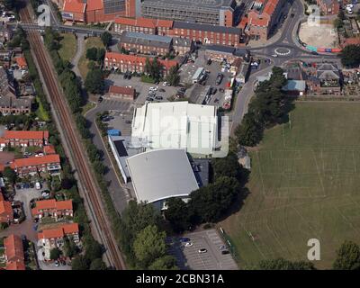 Vista aerea del Centro commerciale Flemingate di Beverley e dell'East Riding Leisure Centre, Beverley, East Yorkshire Foto Stock